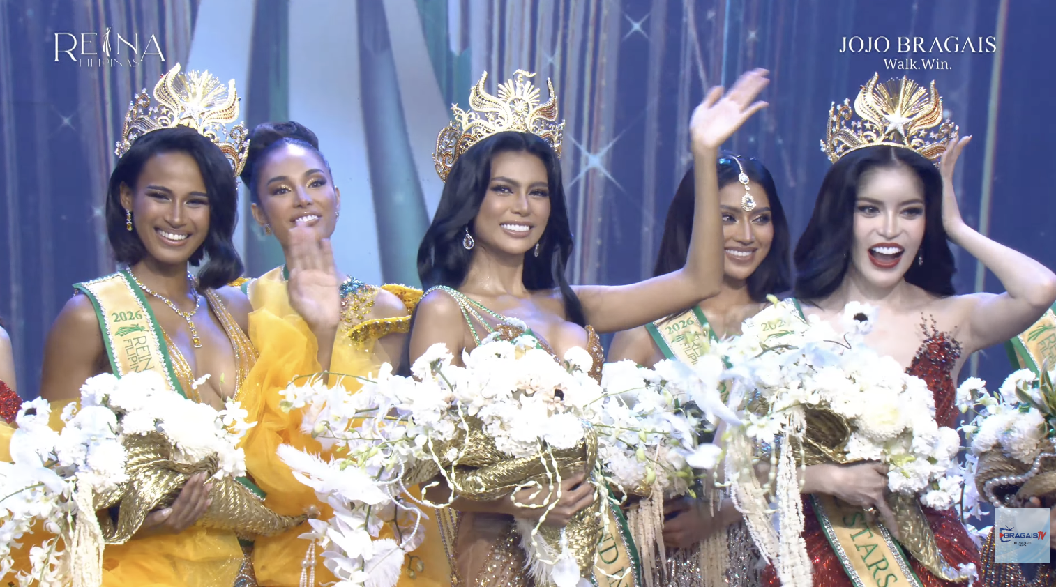 Reina Filipinas 2026 winners: Reigning Miss Grand Reina Filipinas Grand International 2026 Angelica Lopez of Palawan with MGI All Stars Philippines winners Alexie Brooks of Iloilo City and Anne Patricia Lorenzo of Manila.