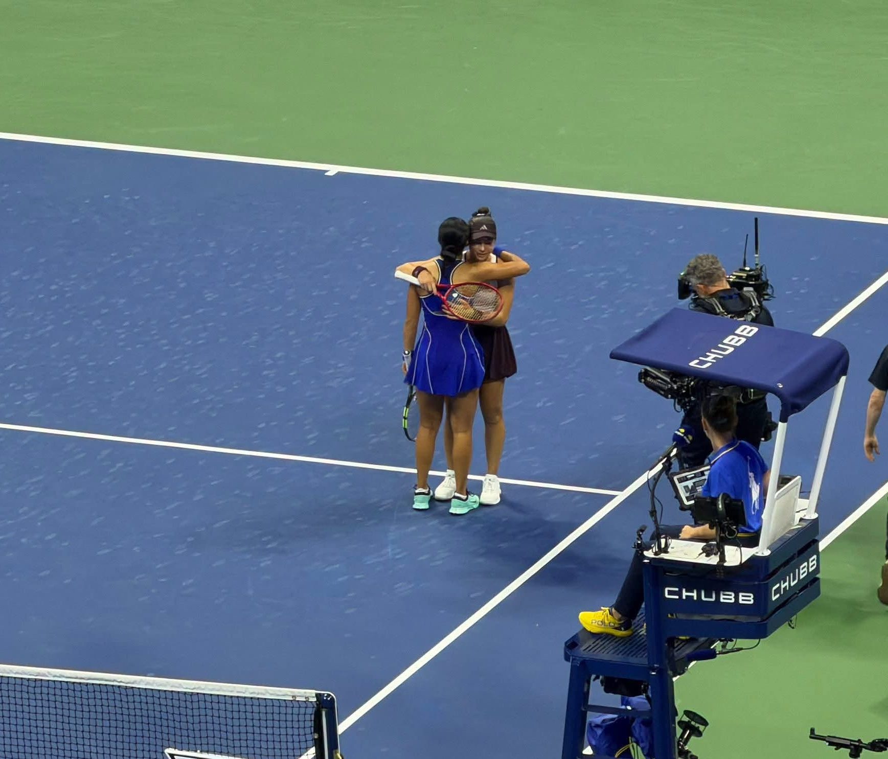 Alex Eala embraces Iva Jovic after their US Open match