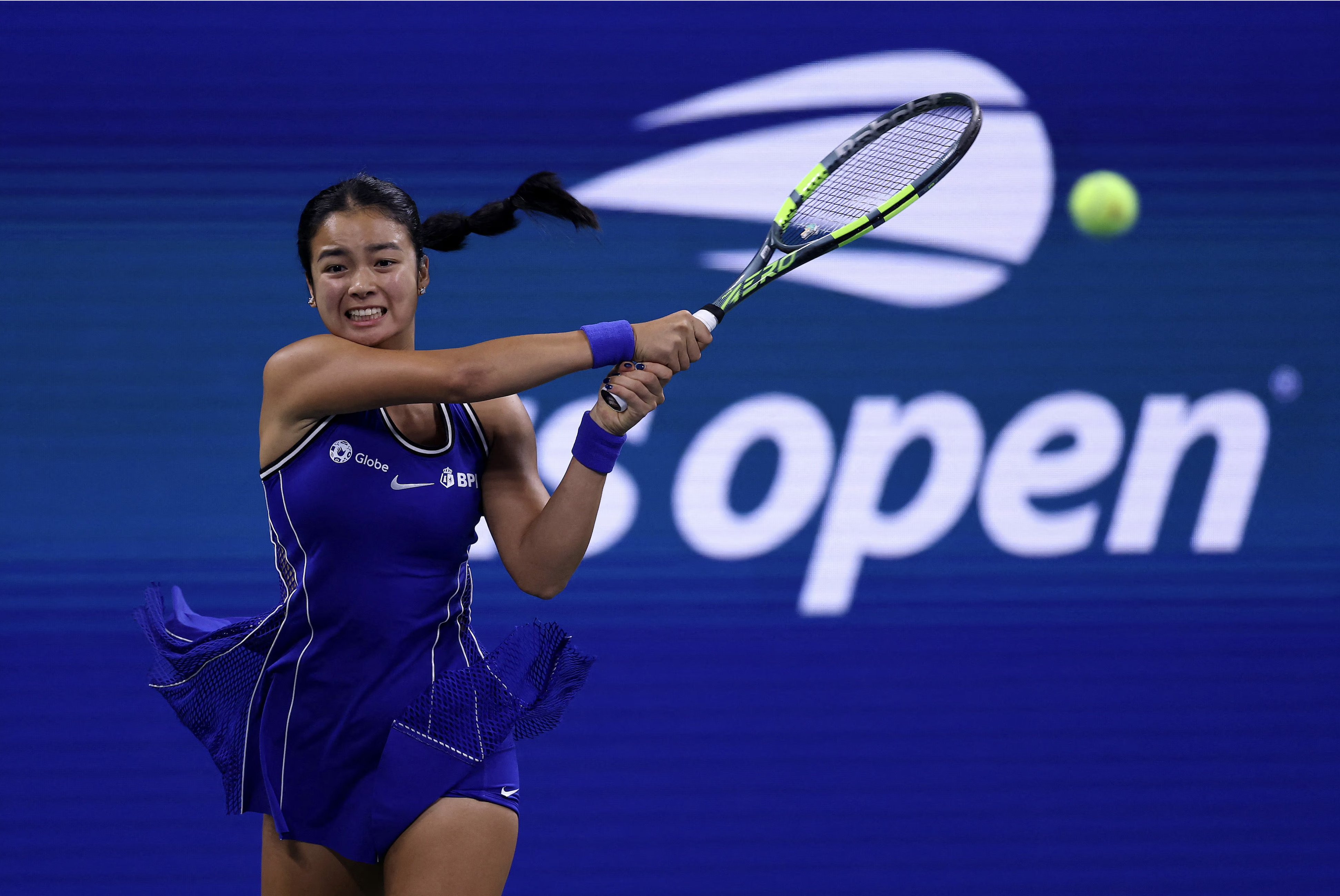 Alex Eala plays during her US Open first-round match against Mary Stoiana.