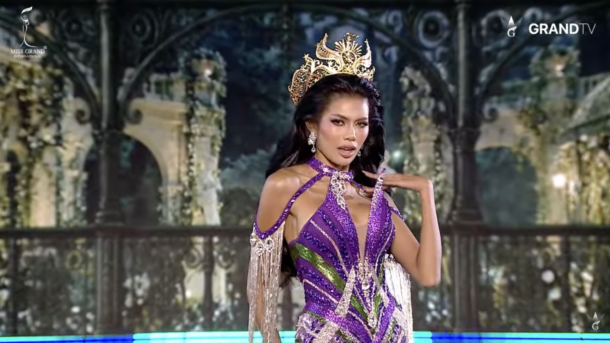 Angelica Lopez introducing herself at the Miss Grand International 2026 welcome ceremony in Nonthaburi, Thailand.