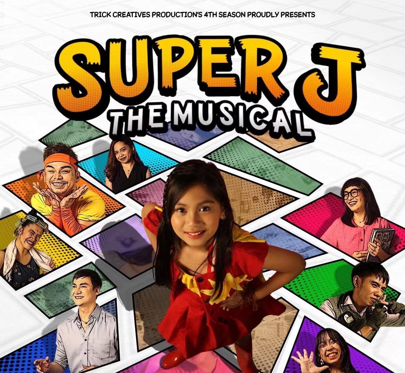 Key art for Super J: The Musical showing Jenjen in red surrounded by comic-book panels of the cast